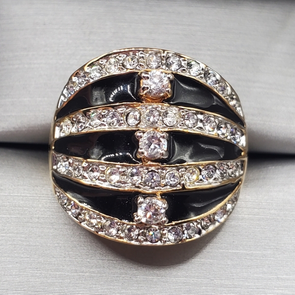 Jewelry - Black Enamel & Diamond Simulants Yellow Gold Tone Statement Stripe Ring
